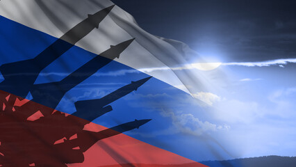 Cruise missiles and flag of Russia in background. Defense concept