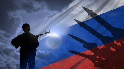 Cruise missiles and flag of Russia in background. Defense concept