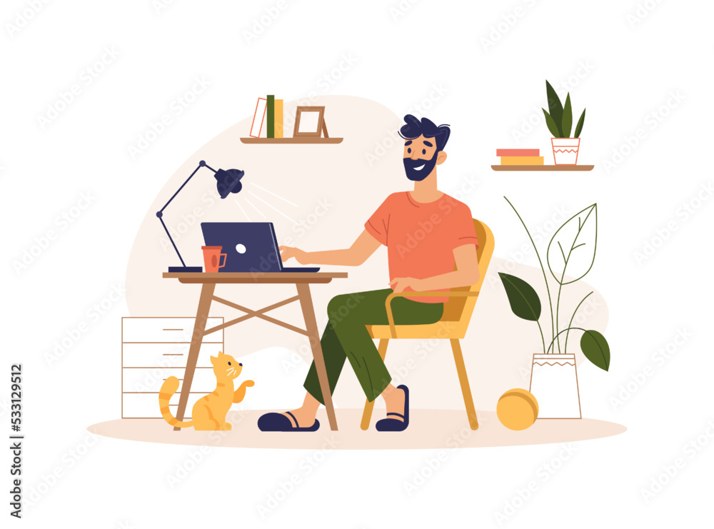 Poster Man using computer at home, distant worker or freelancer with laptop. Male character by desk with lamp, house interior with flowers. Vector in flat cartoon style