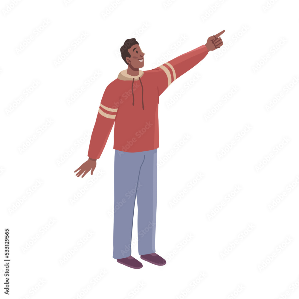 Poster male character looking up and points with finger above. exploring and watching starry sky, discoveri