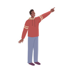 Male character looking up and points with finger above. Exploring and watching starry sky, discovering celestial bodies. Vector in flat cartoon styles