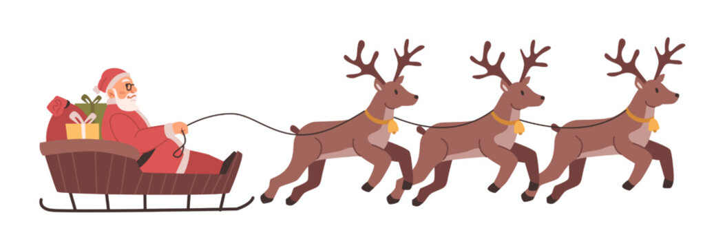 Santa Claus and reindeers in sleigh, isolated Christmas holiday characters. Saint Nicholas with presents for children and kids. Vector in flat cartoon style