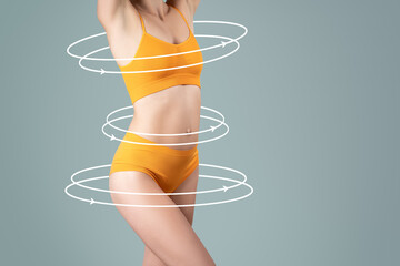 Hip, abdomen liposuction, breast augmentation, fat and cellulite removal concept, female body with...