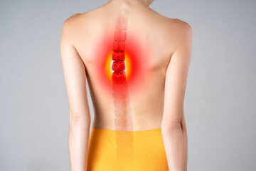 Intervertebral spine hernia, pain between the shoulder blades, woman suffering from backache at...