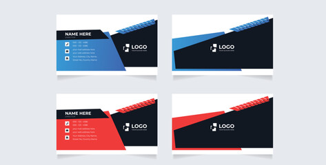 Clean Horizontal business card with blue and black color design, professional name card template vector . Blue business card