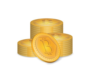 Pile of Bitcoin symbols of gold coins. Financial assets and electronic payments, revenue growth due to mining and investment. 3d vector illustration