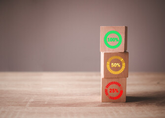 Wooden blocks with Icon number percentage symbol and 100 percent, 50 percent, 25 percent, Interest Finance and Mortgage rate concept