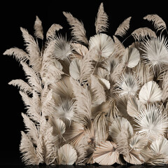  installation of a decorative wall of white dried flowers and pampas grass, reeds and a dry palm branch