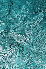 Abstract Christmas vertical background. Ice crystals on frozen window glass. Frost drawing. Pattern of leaves and stems of fantastic plants. Turquoise tinted winter wallpaper. Cold and crystal. Macro