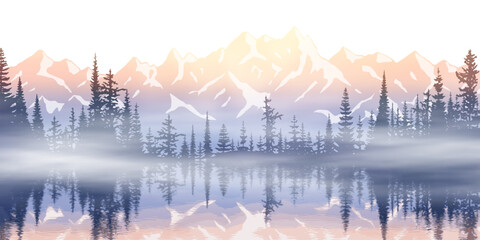 Sunset on the lake, picturesque reflection. Mountain landscape, panoramic view of ridges and forest in fog, vector illustration.