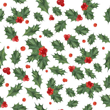 Watercolor floral christmas seamless pattern with hand drawn  aquarelle  holly branches, leaves and red berries illustration. Repeat nature floral background for design or print.