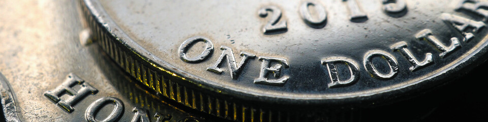 Hong Kong dollar. Fragment of textured coin. Banner or headline on the theme of economics or...