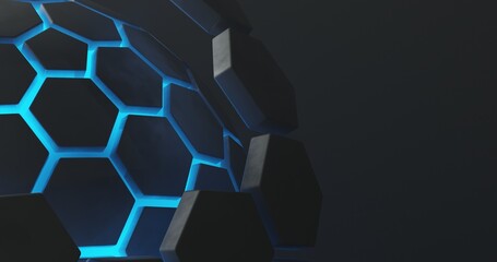 abstract background using hexagon pattern with metallic black gradient color and bright blue hexagon outline, there is blank space on the right, 3d rendering and 4K size