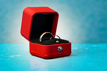 Beautiful wedding rings are in a gift box.