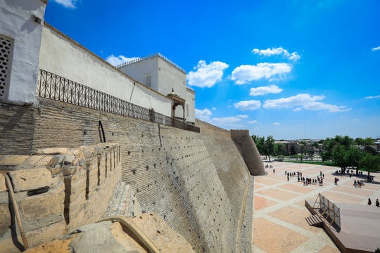 View to the Ancient Walls and Entrance Gates of the Ark, the Medieval massive Bukhara Fortress in Uzbekistan