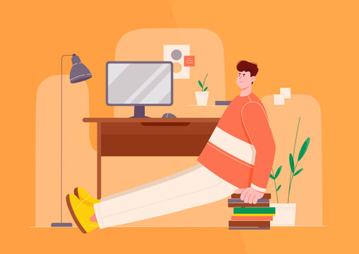 Office sport workout vector illustration. Cartoon young tiny worker doing physical exercises and gymnastics at workplace during work break, employee stretching near computer desk to care health