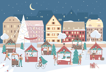 Christmas market scene at evening of winter holidays. Cartoon people shopping on xmas festival or fair with decorated stalls, traditional tree on town square background. Merry Christmas concept