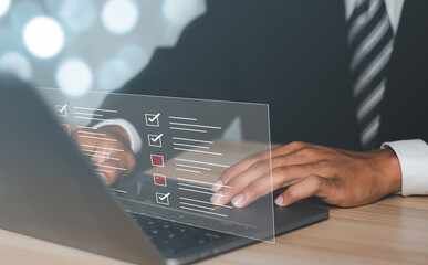 Check marks on checklist and Filling online form or answering questions. Survey form concept.  Education futuristic technology and learning concept.