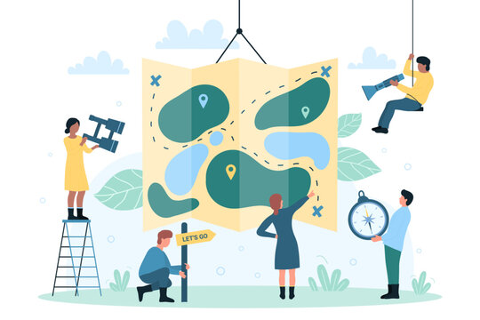 Preparation to trip adventure, travel guide and tiny people. Cartoon characters planning journey, holding tourist equipment near giant map with routes flat vector illustration. Vacation, tour concept