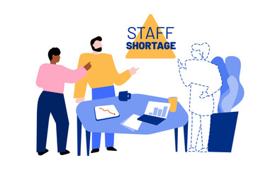 Staff shortage concept. Vector illustration. Recruiting problem. Group of colleagues in work conversation with one absent person in office environment. Labor and personell crisis.