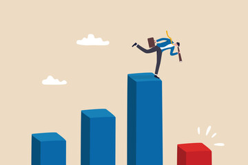 Next economic recession forecast or prediction, stock market decline or revenue decrease, low performance or GDP falling down concept, businessman investor look through telescope to see despair graph.