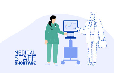 Staff shortage concept. Vector illustration. Recruiting problem. Group of medical workers in work conversation with one absent person in hospital environment. Labor and personell crisis. 