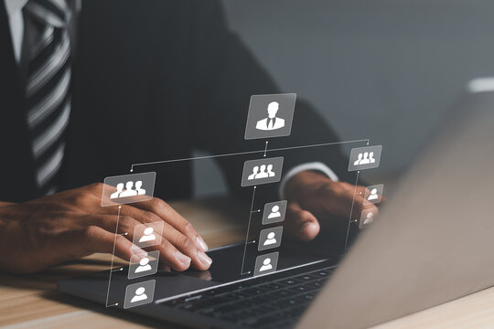 Business process and workflow automation with flowchart. Organization chart with hierarchy structure of teams and employees in company. Business and technology concept.