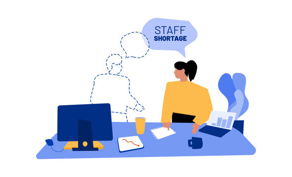 Staff Shortage Concept. Vector Illustration. Recruiting Problem. Group Of Colleagues In Work Conversation With One Absent Person In Office Environment. Labor And Personell Crisis.