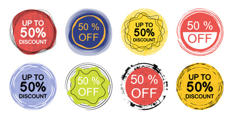 Discount 50 percent, set of design elements, sign label, vector stickers