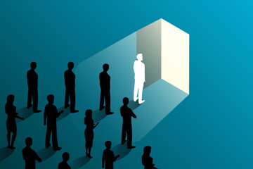 employee follow the leader in front of opened door - obrazy, fototapety, plakaty