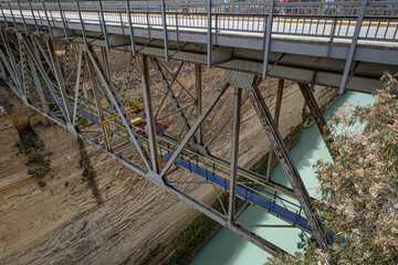 The Corinth Canal, connects the Gulf of Corinth in the Ionian Sea in the west with the Saronic Gulf in the Aegean Sea in the east, Peloponnese, Greece