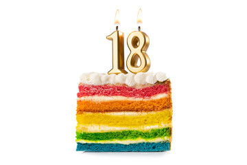Rainbow cake dessert with 18 number candles birthday concept. - 533134772