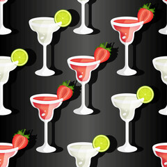 Glass with a margarita cocktail pattern with a slice of lime and strawberry on a stylish black background. Vector illustration with green and red alcohol cocktail with tequila, citrus and shadow.