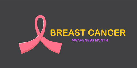 Breast cancer awareness month concept horizontal banner design template with pink ribbon and text isolated on grey background. October is Breast cancer awareness month vector flyer or poster