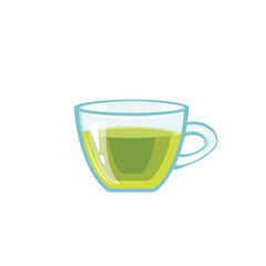 Transparent glass cup or mug of green tea on white background. Vector illustration. Flat style