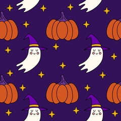 Halloween seamless pattern with pumpkins and cute ghosts.  Psychedelic halloween seamless dark background.