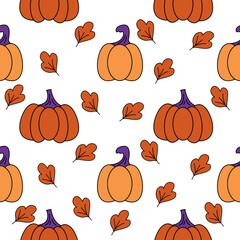 Autumn pumpkins retro seamless pattern. Pumpkins and leaves seamless white background.Fall seamless background 