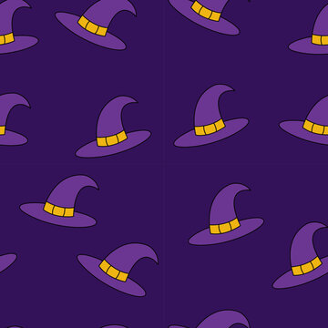 Halloween retro seamless pattern with witch hats.  Psychedelic halloween seamless dark background.