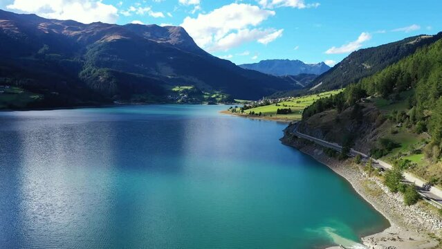 drone flight over Lake Reschensee in South Tyrol
