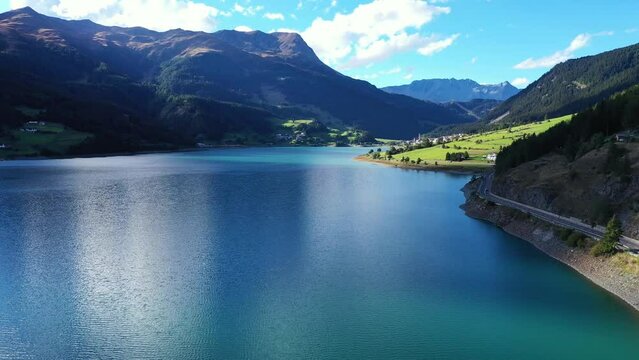 drone flight over Lake Reschensee in South Tyrol