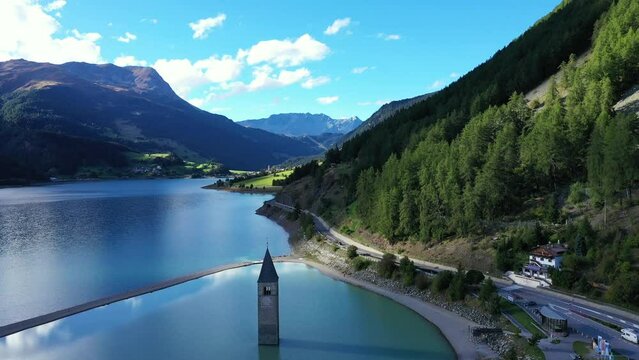 drone flight over Lake Reschensee in South Tyrol
