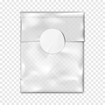 Clear Plastic Pouch With Round Label Sticker Closure On Transparent Background Realistic Vector Mock-up. Empty Vinyl Bag Mockup