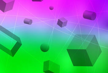 Light Pink, Green vector background with 3D cubes, cylinders, spheres, rectangles.