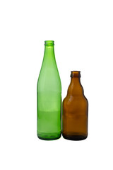 green and brown beer bottles isolated on white background 