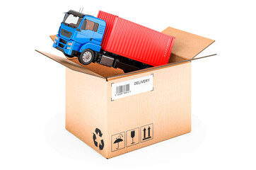 Container truck inside parcel. Freight transportation, delivery concept. 3D rendering