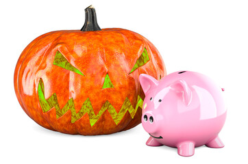 Fototapeta premium Halloween Pumpkin with piggy bank, 3D rendering
