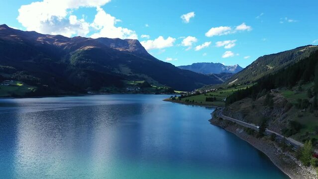 drone flight over Lake Reschensee in South Tyrol