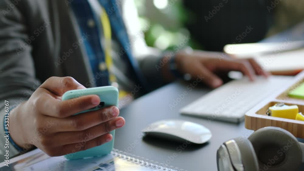 Aufkleber Creative programmer hands on social media phone 5g app, typing SEO code and programming web design on keyboard. UX internet cybersecurity coding or internet computer digital expert with smartphone