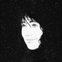 Woman in space. Night starry sky. Black white background