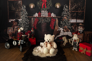 Beautiful Christmas photography backdrop, in photo studio with teddy bears, car for children,...